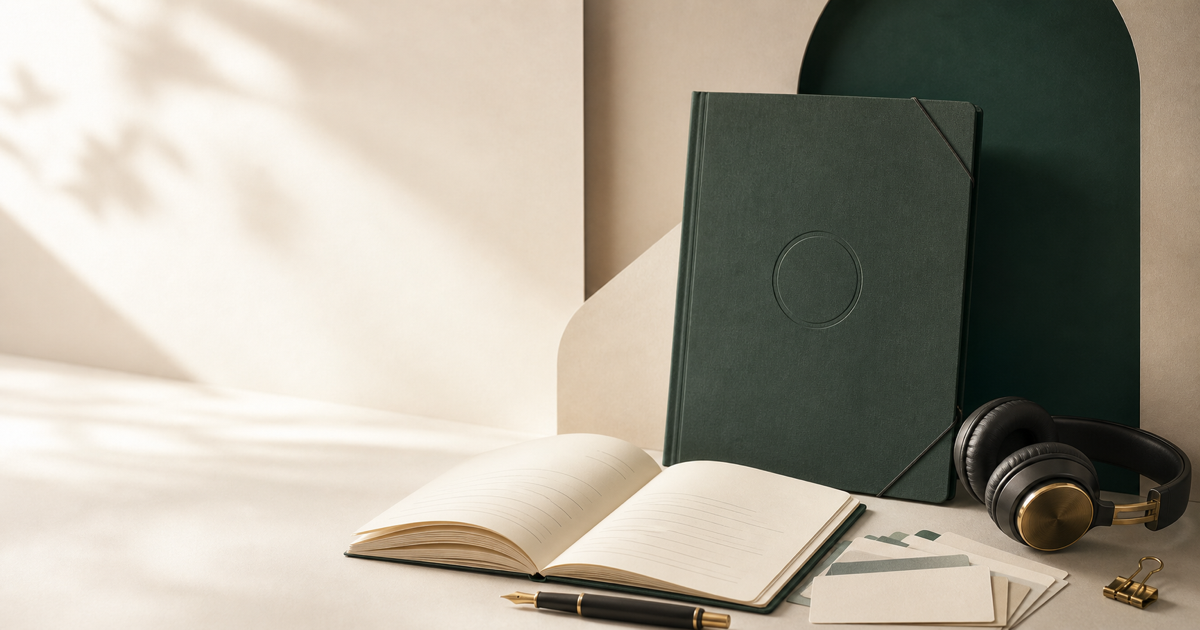 Organised certification folder, study notebook, headphones and evidence cards in a quiet green studio.